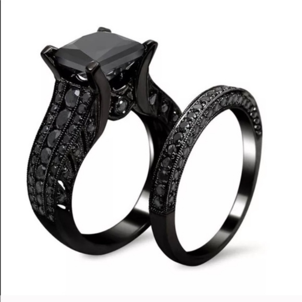 Black Gray Engagement Ring Wedding Band Bridal Set - Picture 2 of 5